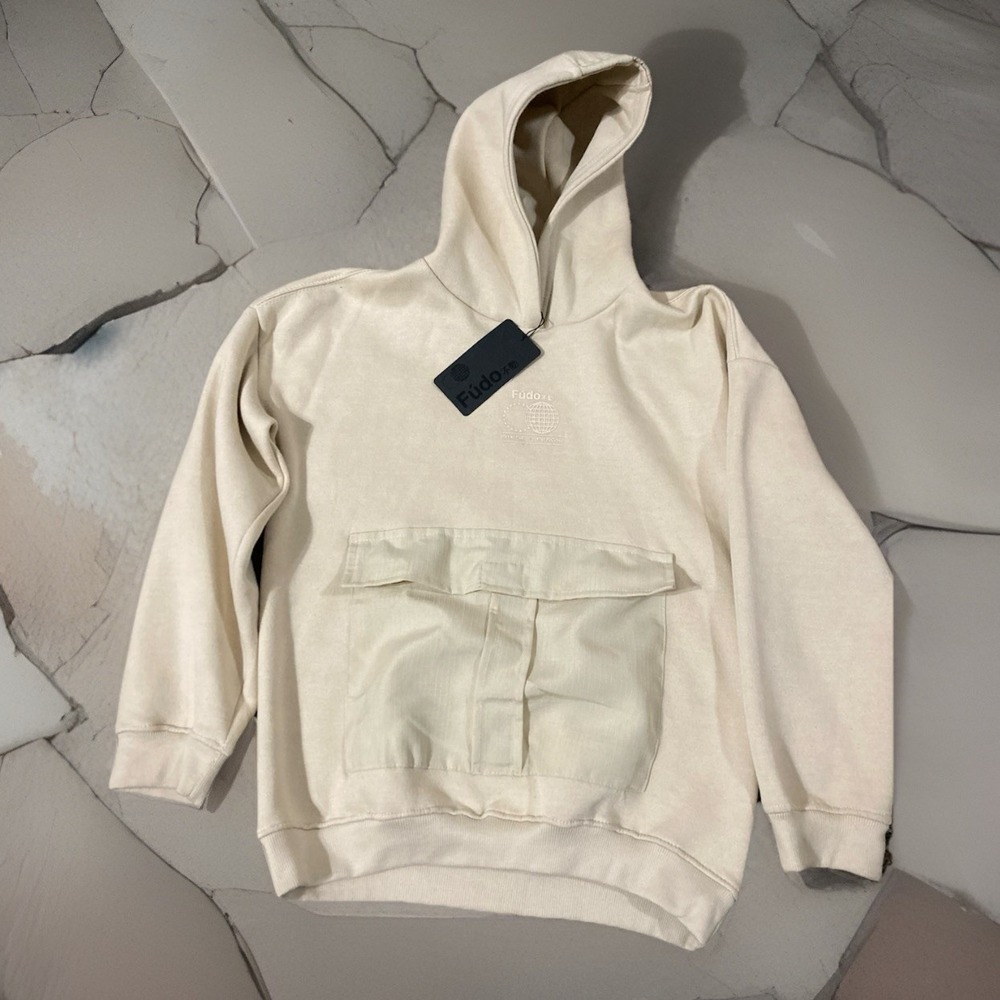Fúdo Hoodie‎ Cream Minimal Streetwear Pullover Utility Pocket New With Tags